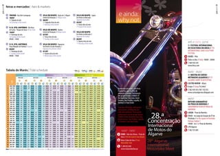Tavira - RuaVale Caranguejo
	18/07
3.º Sábado do mês
3rd Saturday of the month
	V. R. Sto. António -Vila Nova
de Cacela - Parque de Feiras // Fairs Park
	19/07
3.º Domingo do mês
3rd Sunday of the month
09h00 - 13h00
	V. R. Sto. António
Praça Marquês de Pombal // Square
	04/07
1.º Domingo do mês
1st
Sunday of the month
09h00 - 17h00
	Vila do Bispo - Barão de S. Miguel
Centro da Povoação // Village centre
	06/07
1.ª Segunda-feira do mês
1st
Monday of the month
	Vila do Bispo - Budens
Centro da Povoação //Village centre
	07/07
1.ªTerça-feira do mês
1st
Tuesday of the month
	Vila do Bispo - Raposeira
Em frente à Escola Primária //
Opposite the primary school
	01/07
1.ª Quarta-feira do mês
1st
Wednesday of the month
	Vila do Bispo - Sagres
Em frente ao Mercado -
Opposite the market
	03/07
1.ª Sexta-feira do mês
1st
Friday of the month
	Vila do Bispo
Em frente ao Mercado //
Opposite the market
	02/07
1.ª Quinta-feira do mês
1st
Thursday of the month
Quatrodiasdearraial,comfesta
econcertos,queenchemde
animaçãoorecinto.Participação
dosgruposEurope,Childrenof
theDammed,HoraZulu,David
Fonseca,TaraPerdida,Loquillo,St.
Dominic’seFatalSmile.
Fourdaysoffestivity,withparties
andconcerts,allfillingthesite
withentertainment.Therewillbe
performancesbythegroupsEurope,
ChildrenoftheDammed,HoraZulu,
DavidFonseca,TaraPerdida,Loquillo,
St.Dominic’sandFatalSmile.
	 16/07 - 19/07
	FARO -Vale das Almas - Praia de
Faro // On the road to Faro Beach
	Moto Clube de Faro // Faro
Motorbike Club
	T. 289 823 845
www.motoclubefaro.pt
Internacional
de Motos do
Algarve
28th
Algarve
International
Motorbike Meet
	 Até // Until 22/10
	7.º Festival Internacional
de Esculturas em Areia // 7th
International Sand Sculpture
Festival
	 silves - Pêra
	Todos os dias // Daily: 10h00 - 24h00.
T. 969 459 259
www.fiesa.com
	 03/07 - 05/07
	1.ª Mostra de curtas-
metragens algarvias // 1st
Algarve Short Film Festival	
	castro marim - Altura
	Grupo // Group“A-Linha”
T. 962 454 541/ 967 192 933
www.curtasalgarvias.blogspot.com
	 04/07
	Roteiro Subaquático
da Praia da Marinha //
UnderwaterTour of Praia da
Marinha
	lagoa - Praia da Marinha
	09h00 - no Largo da Estação da CP de
Portimão // in the square at Portimão
Railway Station 1
10h00 - na // at Praia da Marinha
	LPN Algarve
T. 962 555 685
Concentração
28.ª
4342
feiras e mercados :: fairs  markets
42
e ainda:
why not
Porto de LagosBarra de Faro / OlhãoVila Real de Santo António
Preia Mar HighTide Preia Mar HighTideBaixa Mar LowTide Baixa Mar LowTidE Preia Mar HighTide	 Baixa Mar LowTide
HORA
TIME
Altura
height
manhã
morning
tarde
afternoon
DIA
DAY
Nota:NohoráriodeVerãodeverásomar1hora.Note:IntheSummer,youmustadd1hour.| 	LuaCheia-Fullmoon| 	QuartoCrescente-WaxingMoon| LuaNova-NewMoon| QuartoMinguante-WaningMoon
Tabela de Marés | Tidal schedule
1	 Qua / Wed	 09:50	 2.7	 22:10	 2.7	 03:40	 1.2	 16:10	 1.4	 09:40	 2.7	 22:10	 2.7	 03:30	 1.3	 16:00	 1.3	 09:30	 2.7	 22:00	 2.7	 03:10	 1.2	 15:50	 1.3
2	 Qui/ Thu	 10:50	 2.7	 23:10	 2.7	 04:40	 1.3	 17:10	 1.3	 10:50	 2.7	 23:10	 2.7	 04:40	 1.3	 17:10	 1.3	 10:40	 2.7	 23:10	 2.7	 04:20	 1.3	 16:50	 1.3
3	Sex / fri	 11:50	 2.8	 -	 -	 05:40	 1.3	 18:10	 1.3	 11:40	 2.8	 -	 -	 05:40	 1.3	 18:10	 1.3	 11:40	 2.8	 00:00	 2.7	 05:20	 1.2	 17:50	 1.2
4	Sab / Sat	 00:10	 2.7	 12:30	 2.9	 06:30	 1.2	 19:00	 1.2	 00:10	 2.7	 12.30	 2.9	 06:30	 1.3	 19:00	 1.2	 -	 -	 12:20	 2.9	 06:10	 1.2	 17:50	 1.2
5	Dom / Sun	 01:00	 2.8	 13:20	 3.0	 07:10	 1.2	 19:50	 1.1	 01:00	 2.8	 13:20	 3.0	 07:10	 1.2	 19:50	 1.1	 00:50	 2.8	 13:10	 3.0	 06:50	 1.1	 19:20	 1.0
6	Seg / Mon	 01:40	 2.8	 14:00	 3.1	 07:50	 1.1	 20:30	 1.0	 01:40	 2.8	 13:50	 3.1	 07:50	 1.2	 20:30	 1.0	 01:30	 2.9	 13:40	 3.1	 07:30	 1.1	 20:00	 0.9
7	Ter / Tue	 02:10	 2.9	 14:30	 3.2	 08:30	 1.1	 21:00	 1.0	 02:20	 2.9	 14:30	 3.1	 08:30	 1.1	 21:00	 1.0	 02:10	 2.9	 14:20	 3.2	 08:10	 1.0	 20:40	 0.9
8	 Qua / Wed	 02:50	 2.9	 15:10	 3.2	 09:00	 1.0	 21:40	 1.0	 02:50	 2.9	 15:10	 3.2	 09:10	 1.1	 21:40	 0.9	 02:40	 3.0	 14:50	 3.2	 08:40	 1.0	 21:10	 0.8
9	 Qui/ Thu	 03:30	 2.9	 15:40	 3.2	 09:40	 1.0	 22:20	 1.0	 03:30	 3.0	 15:40	 3.2	 09:40	 1.0	 22:10	 0.9	 03:20	 3.0	 15:30	 3.2	 09:20	 0.9	 21:50	 0.8
10	Sex / fri	 04:00	 2.9	 16:20	 3.2	 10:10	 1.0	 22:50	 1.0	 04:00	 2.9	 16:20	 3.2	 10:10	 1.0	 22:50	 1.0	 03:50	 3.0	 16:00	 3.2	 09:50	 0.9	 22:20	 0.9
11	Sab / Sat	 04:30	 2.9	 16:50	 3.2	 10:50	 1.1	 23:30	 1.0	 04:40	 2.9	 16:50	 3.1	 10:50	 1.1	 23:20	 1.0	 04:20	 2.9	 16:40	 3.2	 10:20	 1.0	 22:50	 0.9
12	Dom / Sun	 05:10	 2.8	 17:30	 3.1	 11:20	 1.1	 00:00	 1.1	 05:10	 2.9	 17:30	 3.1	 11:20	 1.1	 00:00	 1.1	 05:00	 2.9	 17:10	 3.1	 11:00	 1.1	 23:30	 1.0
13	Seg / Mon	 05:50	 2.7	 18:10	 3.0	 -	 -	 12:00	 1.2	 05:50	 2.8	 18:10	 3.0	 -	 -	 12:00	 1.2	 05:40	 2.8	 17:50	 3.0	 11:40	 1.1	 -	 -
14	Ter / Tue	 06:30	 2.7	 19:00	 2.9	 00:40	 1.2	 12:50	 1.2	 06:30	 2.8	 18:50	 2.9	 00:40	 1.2	 12:50	 1.2	 06:20	 2.8	 18:40	 2.9	 00:10	 1.1	 12:20	 1.2
15	 Qua / Wed	 07:30	 2.6	 19:50	 2.8	 01:30	 1.2	 13:40	 1.3	 07:20	 2.7	 19:50	 2.8	 01:20	 1.2	 13:40	 1.3	 07:10	 2.7	 19:30	 2.8	 01:00	 1.2	 13:20	 1.3
16	 Qui/ Thu	 08:30	 2.6	 21:00	 2.7	 02:30	 1.3	 14:50	 1.4	 08:20	 2.7	 21:00	 2.7	 02:20	 1.3	 14:50	 1.3	 08:10	 2.7	 20:40	 2.7	 02:00	 1.3	 14:30	 1.3
17	Sex / fri	 09:40	 2.7	 22:10	 2.7	 03:30	 1.3	 16:10	 1.3	 09:30	 2.7	 22:10	 2.7	 03:20	 1.3	 16:00	 1.3	 09:30	 2.7	 22:00	 2.7	 03:10	 1.3	 15:50	 1.3
18	Sab / Sat	 10:50	 2.8	 23:20	 2.8	 10:50	 2.8	 23:20	 2.8	 10:50	 2.8	 23:20	 2.8	 04:40	 1.3	 17:20	 1.2	 10:40	 2.8	 23:20	 2.8	 04:20	 1.2	 17:00	 1.1
19	Dom / Sun	 -	 -	 12:00	 3.0	 05:50	 1.1	 18:30	 2.8	 11:50	 3.0	 -	 -	 05:50	 1.2	 18:30	 1.0	 11:50	 3.1	 -	 -	 05:30	 1.1	 18:10	 0.9
20	Seg / Mon	 00:30	 2.9	 12:50	 3.3	 06:50	 1.0	 19:30	 0.8	 00:30	 2.9	 12:50	 3.2	 06:50	 1.0	 19:30	 0.8	 00:20	 3.0	 12:40	 3.3	 06:20	 0.9	 19:00	 0.7
21	Ter / Tue	 01:20	 3.1	 13:40	 3.5	 07:40	 0.8	 20:20	 0.7	 01:20	 3.1	 13:40	 3.4	 07:40	 0.9	 20:20	 0.7	 01:10	 3.1	 13:30	 3.5	 07:20	 0.8	 19:50	 0.6
22	 Qua / Wed	 02:10	 3.2	 14:30	 3.6	 08:30	 0.7	 21:10	 0.6	 02:10	 3.2	 14:30	 3.6	 08:30	 0.8	 21:10	 0.6	 02:00	 3.3	 14:20	 3.6	 08:10	 0.6	 20:40	 0.4
23	 Qui/ Thu	 03:00	 3.3	 15:20	 3.7	 09:20	 0.7	 22:00	 0.6	 03:00	 3.3	 15:20	 3.6	 09:20	 0.7	 22:00	 0.6	 02:50	 3.3	 15:10	 3.7	 08:50	 0.5	 21:30	 0.4
24	Sex / fri	 03:40	 3.3	 16:00	 3.6	 10:00	 0.6	 22:40	 0.6	 03:40	 3.3	 16:00	 3.6	 10:10	 0.7	 22:40	 0.6	 03:30	 3.4	 15:50	 3.7	 09:40	 0.5	 22:10	 0.5
25	Sab / Sat	 04:30	 3.2	 16:50	 3.5	 10:50	 0.7	 23:30	 0.7	 04:30	 3.3	 16:50	 3.5	 10:50	 0.7	 23:20	 0.7	 04:20	 3.3	 16:40	 3.5	 10:20	 0.6	 22:50	 0.6
26	Dom / Sun	 05:10	 3.1	 17:40	 3.3	 11:40	 0.8	 -	 -	 05:10	 3.2	 17:40	 3.3	 11:40	 0.8	 -	 -	 05:00	 3.2	 17:20	 3.3	 11:10	 0.7	 23:40	 0.8
27	Seg / Mon	 06:00	 3.0	 18:30	 3.1	 00:10	 0.9	 12:20	 1.0	 06:00	 3.1	 18:20	 3.1	 00:10	 0.9	 12:20	 1.0	 05:50	 3.1	 18:10	 3.1	 11:50	 0.9	 -	 -
28	Ter / Tue	 06:50	 2.8	 19:20	 2.9	 01:00	 1.1	 13:10	 1.2	 06:50	 2.9	 19:20	 2.9	 00:50	 1.1	 13:10	 1.2	 06:40	 2.9	 19:00	 2.9	 00:30	 1.0	 12:50	 1.1
29	 Qua / Wed	 07:50	 2.7	 20:20	 2.7	 01:50	 1.2	 14:20	 1.4	 07:50	 2.7	 20:20	 2.7	 01:40	 1.2	 14:10	 1.3	 07:40	 2.7	 20:00	 2.7	 01:20	 1.2	 13:50	 1.3
30	 Qui/ Thu	 09:00	 2.6	 21:40	 2.5	 02:50	 1.4	 15:30	 1.5	 08:50	 2.6	 21:30	 2.5	 02:40	 1.4	 15:20	 1.4	 08:50	 2.6	 21:20	 2.5	 02:20	 1.4	 15:10	 1.4
31	Sex / fri	 10:20	 2.6	 22:50	 2.5	 04:00	 1.4	 16:50	 1.5	 10:10	 2.6	 22:50	 2.5	 04:00	 1.5	 16:40	 1.5	 10:00	 2.6	 22:40	 2.5	 03:40	 1.4	 16:30	 1.4
 
