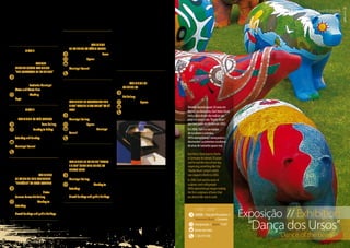 11/07- 23/07
	LAGOA - PraiadosPescadores//
Fishermen’sBeach–Carvoeiro
Inauguração // Opens:11/07
	QuintadosVales
T. 282431036
	Até // Until 30/08
	Exposição Manuel Teixeira
Gomes“O Coleccionador
de Pintura”// Manuel
Teixeira Gomes Exhibition
“The Collector of Paintings”
	portimão - EMARP - Empresa
Municipal de Águas e Resíduos de
Portimão // Portimão Municipal
Water andWaste Firm
Dias úteis //Working
Days: 08h30 - 17h00
	Até // Until 31/08
	 Exposição de Luís Campos
// Exhibition by Luís Campos
	faro - GaleriaTrem //Trem Gallery
Terça a Sexta //Tuesday to Friday:
10h00 - 19h00; Sábado e Domingo //
Saturday and Sunday: 11h30 - 18h00.
Câmara Municipal //
Municipal Council Faro
T. 289 870 870
	
	 01/07 - 28/07
	Exposição de Pintura e
Escultura“Prelúdio”de
Rosa Botelho // Exhibition
of Painting and Sculpture
“Prelúdio”by Rosa Botelho
	albufeira - Galeria de Arte
Pintor Samora Barros // Pintor
Samora Barros Art Gallery
Diariamente das // Monday to
Saturday: 17h00 - 23h00.
Encerra Domingos e Feriados //
Closed Sundays and public holidays.
	 04/07 - 28/07
	Exposição de Pintura de
Mário Rocha // Exhibition
of Painting by Mário Rocha
	aljezur - Espaço + (Sala //Room 1)
Inauguração // Opens: 04/07 - 18h00
Câmara Municipal //
Municipal Council Aljezur
T. 282 998 102
	 04/07 - 31/07
	Exposição de Escultura e
Azulejos“Vida Marinha/
Líricas”de Pé Leve //
Exhibition of Sculptures and
Tiles“Marine Life/ Lyrics”by Pé
Leve
	Aljezur - Galeria Municipal //
Municipal Gallery
Inauguração // Opens: 04/07 - 17h00
Câmara Municipal de // Municipal
Council Aljezur/ ADPHA
T. 282 998 102
	 11/07 - 01/08
	Exposição de Pintura“Tempo
e o Ser”de Teresa Cena //
Exhibition of Painting“Tempo
e o Ser”(Time and Being) by
Teresa Cena
	Albufeira - Galeria Municipal //
Municipal Gallery
Segunda a Sábado // Monday to
Saturday: 11h30 - 17h30.
Encerra Domingos e Feriados //
Closed Sundays and public holidays.
	 31/07 - 15/09
	Exposição de Pintura
de // Exhibition of
Painting by Gil Maia
	Loulé - Galeria de Arte //
Art Gallery -Vale do Lobo
Inauguração // Opens: 31/07 - 19h00
Vale do Lobo
T. 289 353 261
www.valedolobo.com
exposições :: exhibitions
12 13
exposições :: exhibitions
Vivendodurantequase20anosem
Berlim,naAlemanha,KarlHeinzStock
teveaideiadeumdiarealizarum
projectocomoodos“BuddyBears”
quetevepalcoemBerlimem2002.
Em2008,Karleasuaequipa
deescultoreseartesãos
(KHSculptureGroup)começarama
desenvolverasprimeirasesculturas
deursosdetamanhoquasereal.
KarlHeinzStocklivedinBerlin
inGermanyforalmost20years
andhehadtheideaofoneday
organisingsomethinglikethe
“BuddyBears”projectwhich
wasstagedinBerlinin2002.
In2008,Karlandhisteamof
sculptorsandcraftspeople
(KHSculptureGroup)beganmaking
thefirstsculpturesofbearsthat
arealmostlife-sizeinscale.
“Dança dos Ursos”
“Dance of the Bears”
Exposição // Exhibition
 