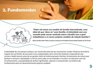 2. Fundamentos
5
“Todos nós temos um modelo de família internalizado, uma
ideia do que ‘deve ser’ uma família. A intimidade com esse
conceito pode causar confusão entre a família com a qual
trabalhamos e os nossos próprios modelos de relação familiar”.
Maria Amália Faller Vitale, professora doutora da Pontifícia Universidade Católica de São Paulo
A identidade de uma pessoa começa a ser construída antes de seu nascimento; recebe influência da história
singular de sua família, de seus pais e seus antepassados, bem como das fantasias e expectativas que
cercam o bebê mesmo antes de ser gerado. Além da história pessoal e familiar, há elementos da cultura que
banham e marcam a identidade e a forma como cada um vai entender o mundo e se relacionar com ele.
O conhecimento, a possibilidade de atribuir significados, valorizar e compreender sua história são
fundamentais para um desenvolvimento psíquico saudável.
 