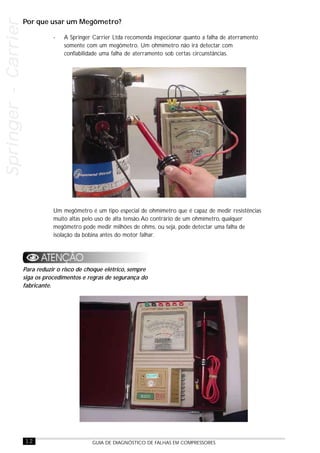 12 GUIA DE DIAGNÓSTICO DE FALHAS EM COMPRESSORES
Springer-CarrierSpringer-CarrierSpringer-CarrierSpringer-CarrierSpringer-Carrier
- A Springer Carrier Ltda recomenda inspecionar quanto a falha de aterramento
somente com um megômetro. Um ohmímetro não irá detectar com
confiabilidade uma falha de aterramento sob certas circunstâncias.
Um megômetro é um tipo especial de ohmímetro que é capaz de medir resistências
muito altas pelo uso de alta tensão.Ao contrário de um ohmímetro, qualquer
megômetro pode medir milhões de ohms, ou seja, pode detectar uma falha de
isolação da bobina antes do motor falhar.
Para reduzir o risco de choque elétrico, sempre
siga os procedimentos e regras de segurança do
fabricante.
Por que usar um Megômetro?
 