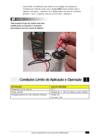 15GUIA DE DIAGNÓSTICO DE FALHAS EM COMPRESSORES
Springer-CarrierSpringer-CarrierSpringer-CarrierSpringer-CarrierSpringer-Carrier
- Escala Rx20k: O multímetro deve indicar em seu display uma elevação de
resistência até o final da escala. Caso o display NÃO mostre nenhum valor o
capacitor está aberto - substitua-o. Se o display indicar um valor de resistência
próximo a “zero” o capacitor está em curto-circuito - substitua-o.
Toda ocasião em que for realizar uma nova
medida junto ao capacitor é necessário
descarregá-lo com um resistor de 20kohm.
Condições Limite de Aplicação e Operação 3
SITUAÇÃO VALOR MÁXIMO
Temperatura do ar externo 45°C
Tensão nominal Variação de +/- 10% em relação ao valor nominal
Desbalanceamento de rede (sistemas trifásicos) Tensão: 2%
Corrente: 10%
 