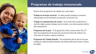 Programas de trabajo remunerado
47
Dentro de los programas de trabajo hay cuatro tipos:
Trabajo en el sector servicios - En ellos puedes trabajar en puestos
relacionados con la hostelería, el comercio, el turismo, etc.
Trabajo en campamentos de verano - En función de tu experiencia y
nivel de inglés puedes trabajar como monitor, o en otros puestos dentro
del campamento.
Programas de Au pair - Si te gustan los niños y tienes entre 18 y 27
años los programas de Au pair son una buena forma de realizar una
inmersión en el país y mejorar el idioma.
Programas de Trabajo-Estudio - Son programas de au pair en los que
trabajarás media jornada teniendo más tiempo libre para asistir a clases
de inglés.
 