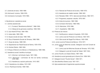 3.7. Llicències de taxis. 1926-1989.
3.8. Informació i turisme. 1958-1978.
3.9. Comissions municipals. 1918-1960.
4. Beneﬁcència i assistència social
4.1. Centres assistencials
	 4.1.1. Fundació “Beneﬁcència Monfort”. 1868-1959.
	 4.1.2. Alberg de les germanes Joseﬁnes. 1900-1902.
4.1.3. Llar infantil El Pinsà. 1984-1994.
4.1.4. Aules-taller. 1983-1993.
4.1.5. Equips socials de base. 1982-1995.
4.1.6. Grup d’Assistents Socials de Terrassa. 1986-1989.
4.1.7. Grups de dones. 1989-1991.
4.1.8. Departament de Treball Social de Fàtima. 1978-1979.
4.1.9. Centres Oberts. 1990-1994.
4.1.10 Equip d’Atenció a la Infància i a l’Adolescència. 1989-1996.
4.2. Assistència social i benèﬁca municipal
	 4.2.1. Informes i sol·licituds d’ajuts. 1821-1983.
	 4.2.2. Renovació i sol·licituds de títol de família nombrosa.	
	 	 1978-1982.
	 4.2.3. Assistència a sectors particulars. 1915-1997.
4.2.3.1 Assistència a la vellesa. 1915-1997.
4.2.3.2. Planiﬁcació familiar. 1969-1984.
	 4.2.4. Patronat de Protecció de la dona. 1958-1973.
	 4.2.5. Assistència de malalts mentals. 1906-1981.
	 4.2.6. Rierades (1962 i 1971). Ajuts als damniﬁcats. 1962-1971.
	 4.2.7. Programes, projectes i estudis. 1979-1997.
	 4.2.8. Actes de reunions. 1982-1990.
	 4.2.9. Comissió informativa. 1980-1983.
	 4.2.10. Memòries. 1979-1986.
	 4.2.11. Expedients. 1980-1982.
4.3. Protecció de menors
	 4.3.1. Certiﬁcacions i adopció d’expòsits. 1870-1953.
	 4.3.2. Junta Local de Protecció a la Infància. 1922-1931.
	 4.3.3. Obra social del Segell Pro-Infància. 1933-1938.
4.3.4. Junta Local de Protecció de Menors. 1916-1977.
4.4. Junta Local de Reformes socials. Delegació local del Consell de	
	 	 Treball
	 4.4.1. Junta Local de Reformes Socials de Terrassa. 1872-1935.
	 4.4.2. Delegació Local del Consell de Treball. 1907-1943.
4.5. Junta d’Auxilis a la Classe Obrera. 1897-1936.
4.6. Assistència social generada per la Guerra Civil. 1938-1981.
4.7. Delegació local d’”Auxilio Social”. 1939-1971.
4.8. Obra Benèﬁca Obrera Local. 1951-1971.
4.9. Ajuts assistencials d’organismes supramunicipals
33
 