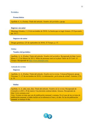 11
Periódico
Forma básica
Apellido A. A. (Fecha). Título del artículo. Nombre del periódico, pp-pp.
Impreso con autor
Manrique Grisales, J. (14 de noviembre de 2010). La bestia que se tragó Armero. El Espectador,
pp. 16-17.
Impreso sin autor
Drogas genéricas. (25 de septiembre de 2010). El Tiempo, p. 15.
Online
Nombre del periódico
Apellido, A. A. (Fecha). Título del artículo. Nombre del periódico. Recuperado de http://www.
Bonet, E. (2 de febrero de 2011). Miles de personas oran en la plaza Tahrir de El Cairo. El
Tiempo. Recuperado de http://www.eltiempo.com/
Artículo de revista
Impreso
Apellido, A. A. (Fecha). Título del artículo. Nombre de la revista. Volumen(Número), pp-pp.
Newman, V. (13 de noviembre de 2010). La información: ¿en la urna de cristal?. Semana, (15),
p. 10.
Online
Apellido, A. A. (año, mes, día). Título del artículo. Nombre de la revista. Recuperado de
Coronell, d. (2011, 29 de enero). Una decisión contraevidente. Semana. Recuperado de
http://www.semana.com/
Nota: Existen revistas que son de publicación mensual y semana. En el caso de las revistas de
publicación mensual, se debe incluir en la referencia el mes y el año. En las de publicación
semanal, se incluye el día.
 