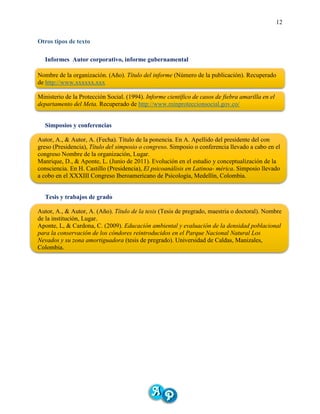 12
Otros tipos de texto
Informes Autor corporativo, informe gubernamental
Nombre de la organización. (Año). Título del informe (Número de la publicación). Recuperado
de http://www.xxxxxx.xxx
Ministerio de la Protección Social. (1994). Informe científico de casos de fiebra amarilla en el
departamento del Meta. Recuperado de http://www.minproteccionsocial.gov.co/
Simposios y conferencias
Autor, A., & Autor, A. (Fecha). Título de la ponencia. En A. Apellido del presidente del con
greso (Presidencia), Título del simposio o congreso. Simposio o conferencia llevado a cabo en el
congreso Nombre de la organización, Lugar.
Manrique, D., & Aponte, L. (Junio de 2011). Evolución en el estudio y conceptualización de la
consciencia. En H. Castillo (Presidencia), El psicoanálisis en Latinoa- mérica. Simposio llevado
a cobo en el XXXIII Congreso Iberoamericano de Psicología, Medellín, Colombia.
Tesis y trabajos de grado
Autor, A., & Autor, A. (Año). Título de la tesis (Tesis de pregrado, maestria o doctoral). Nombre
de la institución, Lugar.
Aponte, L, & Cardona, C. (2009). Educación ambiental y evaluación de la densidad poblacional
para la conservación de los cóndores reintroducidos en el Parque Nacional Natural Los
Nevados y su zona amortiguadora (tesis de pregrado). Universidad de Caldas, Manizales,
Colombia.
 