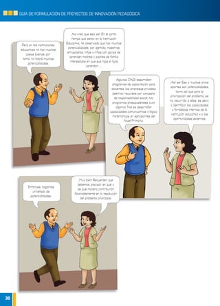 30
GUÍA DE FORMULACIÓN DE PROYECTOS DE INNOVACIÓN PEDAGÓGICA
Algunas ONG desarrollan
programas de capacitación para
docentes; las empresas privadas
destinan recursos por concepto
de responsabilidad social; hay
programas presupuestales cuyo
objetivo final es desarrollar
capacidades comunicativas y lógico
matemáticas en estudiantes del
Nivel Primaria.
¡Así es! Eso y muchos otros
aportes son potencialidades,
tanto así que para la
priorización del problema, se
ha recurrido a ellas; es decir,
a identificar las capacidades
y fortalezas internas de la
institución educativa y a las
oportunidades externas.
Pero en las instituciones
educativas no hay muchas
cosas buenas; por
tanto, no habrá muchas
potencialidades.
¡No creo que sea así! En el corto
tiempo que estoy en la Institución
Educativa, he observado que hay muchas
potencialidades; por ejemplo, maestros
entusiastas, niñas y niños con ganas de
aprender, madres y padres de familia
interesados en que sus hijas e hijos
aprendan …
Entonces, hagamos
un listado de
potencialidades.
¡Muy bien! Recuerden que
debemos precisar en qué y
de qué manera contribuirán
favorablemente en la resolución
del problema priorizado.
 