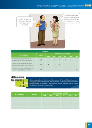 43
FONDO NACIONAL DE DESARROLLO DE LA EDUCACIÓN PERUANA
EJEMPLO
ACTIVIDADES METAS
CRONOGRAMA (MESES)
ABR MAY JUN JUL AGO SET
Diseño, ejecución y evaluación de
programa de capacitación docente. 01 X X X X
Elaboración de materiales de apoyo
teórico-metodológico para docentes. 02 X X X
Pasantía a instituciones educativas con
experiencias pedagógicas exitosas. 01 X X
¿Y cómo se determina
el cronograma de las
actividades de un
proyecto?
El cronograma se puede
hacer por meses, semanas
o días. Veamos un ejemplo
de cronograma por meses.
Ahora que ya sabemos determinar el cronograma de las actividades, hagamos el
cronograma de nuestro proyecto. Adicionalmente, los directivos, los docentes, los
padres y madres de familia, el CONEI, después podrían diseñar el plan de trabajo
con las tareas dentro de cada actividad.
¡Manos a
la obra!
ACTIVIDADES METAS
CRONOGRAMA (MESES)
ABR MAY JUN JUL AGO SET
 