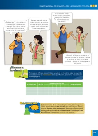 45
FONDO NACIONAL DE DESARROLLO DE LA EDUCACIÓN PERUANA
ACTIVIDADES METAS
CRONOGRAMA (MESES)
RESPONSABLES
¿Qué es mejor? ¿Asignarles una
responsabilidad a las personas
o que sean ellas mismas quienes
elijan libre y voluntariamente
hacerse cargo de una actividad?
Es mejor que cada uno, de
manera voluntaria, se proponga
para que se sienta identificado
y a gusto con la actividad de la
que se responsabiliza.
En la asamblea, siendo
muchos los que participamos,
¿será posible determinar
los responsables de las
actividades?
¡Claro que sí! Debemos aprovechar la
asamblea para que las personas o grupos
de personas se hagan cargo de las
actividades y asuman su compromiso en un
acto público.
Teniendo ya definidas las actividades y cuándo se llevarán a cabo, corresponde
ahora determinar los responsables de su planificación, ejecución y evaluación en
nuestro proyecto.
¡Manos a
la obra!
La determinación de las actividades y las metas, del cronograma y
de los responsables son tres insumos que servirán para la redac-
ción del séptimo punto del esquema del proyecto de innovación
pedagógica, denominado: Actividades, Metas, Cronograma y Res-
ponsables del Proyecto, que veremos más adelante.
Recuerda
 