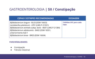 10
GASTROENTEROLOGIA | SII / Constipação
CEPAS E ESTIRPES RECOMENDADAS DOSAGEM
Biﬁdobacterium longum - BL03 (DSM 16603)
Lactobacillus plantarum - LP01 (LMG P-21021)
Biﬁdobacterium animalis subsp. lactis - BS01 (LMG P-21384)
Biﬁdobacterium adolescentis - BA02 (DSM 18351,
anteriormente ALB 1
Biﬁdobacterium breve - BR03 (DSM 16604)
2 bilhões UFC para cada
cepa.
FUNCIONALIDADES:
● Constipação
● Trânsito intestinal.
Probioticoterapia | COANA
 