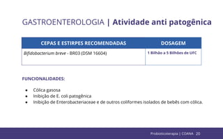 20
GASTROENTEROLOGIA | Atividade anti patogênica
CEPAS E ESTIRPES RECOMENDADAS DOSAGEM
Biﬁdobacterium breve - BR03 (DSM 16604) 1 Bilhão a 5 Bilhões de UFC
FUNCIONALIDADES:
● Cólica gasosa
● Inibição de E. coli patogênica
● Inibição de Enterobacteriaceae e de outros coliformes isolados de bebês com cólica.
Probioticoterapia | COANA
 