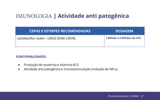 27
IMUNOLOGIA | Atividade anti patogênica
CEPAS E ESTIRPES RECOMENDADAS DOSAGEM
Lactobacillus reuteri - LRE02 (DSM 23878) 1 Bilhão a 5 Bilhões de UFC
FUNCIONALIDADES:
● Produção de reuterina e vitamina B12
● Atividade anti patogênica e imunoestimulação (indução de INF-γ).
Probioticoterapia | COANA
 
