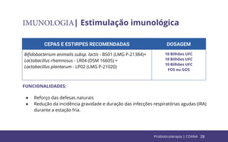 28
IMUNOLOGIA| Estimulação imunológica
CEPAS E ESTIRPES RECOMENDADAS DOSAGEM
Biﬁdobacterium animalis subsp. lactis - BS01 (LMG P-21384)+
Lactobacillus rhamnosus - LR04 (DSM 16605) +
Lactobacillus plantarum - LP02 (LMG P-21020)
10 Bilhões UFC
10 Bilhões UFC
10 Bilhões UFC
FOS ou GOS
FUNCIONALIDADES:
● Reforço das defesas naturais
● Redução da incidência gravidade e duração das infecções respiratórias agudas (IRA)
durante a estação fria.
Probioticoterapia | COANA
 