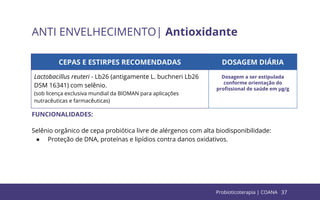 37
ANTI ENVELHECIMENTO| Antioxidante
CEPAS E ESTIRPES RECOMENDADAS DOSAGEM DIÁRIA
Lactobacillus reuteri - Lb26 (antigamente L. buchneri Lb26
DSM 16341) com selênio.
(sob licença exclusiva mundial da BIOMAN para aplicações
nutracêuticas e farmacêuticas)
Dosagem a ser estipulada
conforme orientação do
proﬁssional de saúde em µg/g
FUNCIONALIDADES:
Selênio orgânico de cepa probiótica livre de alérgenos com alta biodisponibilidade:
● Proteção de DNA, proteínas e lipídios contra danos oxidativos.
Probioticoterapia | COANA
 