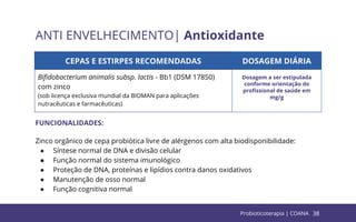 38
ANTI ENVELHECIMENTO| Antioxidante
CEPAS E ESTIRPES RECOMENDADAS DOSAGEM DIÁRIA
Biﬁdobacterium animalis subsp. lactis - Bb1 (DSM 17850)
com zinco
(sob licença exclusiva mundial da BIOMAN para aplicações
nutracêuticas e farmacêuticas)
Dosagem a ser estipulada
conforme orientação do
proﬁssional de saúde em
mg/g
FUNCIONALIDADES:
Zinco orgânico de cepa probiótica livre de alérgenos com alta biodisponibilidade:
● Síntese normal de DNA e divisão celular
● Função normal do sistema imunológico
● Proteção de DNA, proteínas e lipídios contra danos oxidativos
● Manutenção de osso normal
● Função cognitiva normal
Probioticoterapia | COANA
 