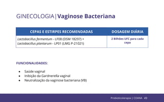 49
GINECOLOGIA|Vaginose Bacteriana
CEPAS E ESTIRPES RECOMENDADAS DOSAGEM DIÁRIA
Lactobacillus fermentum - LF08 (DSM 18297) +
Lactobacillus plantarum - LP01 (LMG P-21021)
2 Bilhões UFC para cada
cepa
FUNCIONALIDADES:
● Saúde vaginal
● Inibição da Gardnerella vaginal
● Neutralização da vaginose bacteriana (VB)
Probioticoterapia | COANA
 