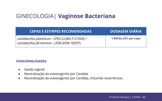 50
GINECOLOGIA| Vaginose Bacteriana
CEPAS E ESTIRPES RECOMENDADAS DOSAGEM DIÁRIA
Lactobacillus plantarum - LP02 (LLMG P-21020) +
Lactobacillus fermentum - LF08 (DSM 18297)
1 Bilhão UFC por cepa
FUNCIONALIDADES:
● Saúde vaginal
● Neutralização da vulvovaginitis por Candida
● Neutralização da vulvovaginitis por Candida, incluindo recorrências.
Probioticoterapia | COANA
 