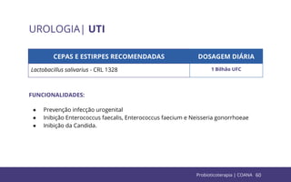 60
UROLOGIA| UTI
CEPAS E ESTIRPES RECOMENDADAS DOSAGEM DIÁRIA
Lactobacillus salivarius - CRL 1328 1 Bilhão UFC
FUNCIONALIDADES:
● Prevenção infecção urogenital
● Inibição Enterococcus faecalis, Enterococcus faecium e Neisseria gonorrhoeae
● Inibição da Candida.
Probioticoterapia | COANA
 