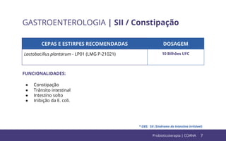 7
GASTROENTEROLOGIA | SII / Constipação
* OBS: SII (Síndrome do Intestino Irritável)
CEPAS E ESTIRPES RECOMENDADAS DOSAGEM
Lactobacillus plantarum - LP01 (LMG P-21021) 10 Bilhões UFC
FUNCIONALIDADES:
● Constipação
● Trânsito intestinal
● Intestino solto
● Inibição da E. coli.
Probioticoterapia | COANA
 