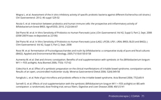 71
Mogna L. et al. Assessment of the in vitro inhibitory activity of speciﬁc probiotic bacteria against diﬀerent Escherochia coli strains J
Clin Gastroenterol. 2012; 46 suppl: S29-32
Nicola S. et al. Interaction between probiotics and human immune cells: the prospective anti-inﬂammatory activity of
Biﬁdobacterium breve BR03. AgroFOOD, 2010; 21(2):S44-47
Del Piano M. et al. In Vitro Sensitivity of Probiotics to Human Pancreatic Juice J Clin Gastroenterol. Vol 42, Suppl 3, Part 2, Sept. 2008
(DSM 20074 was re-deposited as 22106)
Del Piano M. et al. In Vitro Sensitivity of Probiotics to Human Pancreatic Juice (LA02, LPC00, LP01, LR04, BR03, BL03 and BA02). J
Clint Gastroenterol. Vol 42, Suppl 3, Part 2, Sept. 2008
Rossi M. et al. fermentation of fructooligosaccharides and inulin by biﬁdobacteria: a comparative study of pure and fecal cultures
(BA02). Applied and Environmental Microbiology, 2005;71(10):6150-6158
Aumenta M. et al. Diet and chronic constipation. Beneﬁts of oral supplementation with symbiotic zir fos (Biﬁdobacterium longum
W11 + FOS actilight). Acta Biomed 2006; 77(3): 157-62
Colecchia A. et al. Eﬀect of a symbiotic preparation on the clinical manifestations of irritable bowel syndrome, constipation-variant.
Results of an open, uncontrolled multicenter study. Minerva Gastroenterol Dietol 2006; 52(4):349-58
Fanigliulo L. et al. Role of gut microﬂora and probiotic eﬀects in the irritable bowel syndrome. Acta Biomed 2006; 77(2):85-9
Sarnelli G. et al. Eﬀects of oral supplementation with the symbiotic (Biﬁdobacterium longum W11 + FOS actilight) on IBS with
constipation: a randomized, dose ﬁnding trial, versus ﬁbers. Digestive and Liver Disease 2008; 40(1):S141
71
Probioticoterapia | COANA
 