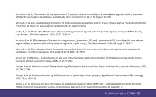 78
Vicariotto F. et al. Eﬀectiveness of the association of 2 probiotic strains formulated in a slow release vaginal product, in women
aﬀected by vulvovaginal candidiasis: a pilot study: J Clin Gastroenterol. 2012; 46 Supple: S73-80
Murina F. et al. Can Lactobacillus fermentum LF10 and Lactobacillus acidophilus LA02 in a Slow-release Vaginal Product be Useful for
Prevention of Recurrent Vulvovaginal Candidiasis? J Clin Gastroenterol
Deidda F. et al. The In Vitro Eﬀectiveness of Lactobacillus fermentum Against Diﬀerent Candida Species Compared With Broadly
Used Azoles. J Clin Gastroenterol. 2016; 50: S171-S174
Vicarotto F. et al. Eﬀectiveness of the two microorganisms L. fermentum LF15 and L. plantarum LP01, formulated in slow release
vaginal tablets, in women aﬀected by bacterial vaginosis: a pilot study. J Clin Gastroenterol. 2014; 48 Suppl: S106-112
Murina F. et al. Thymol, eugenol and lactobacilli in a medical device for the treatment of bacterial vaginosis and vulvovaginal
candidiasis. Nem Microbiological, 41,3, 220-224, 2018, ISN 1121-7138
Strozzi GP. and Mogna L. Quantiﬁcation of folic acid in human faeces after administration of Biﬁdobacterium probiotic strains.
Journal of Clinical Gastroenterology, 2008; 42: S179-S184
Pompei A. et al. Administration of Folate-Producing Biﬁdobacteria Enhances Folate Status in Wistar Rats. Journal of Nutrition, 2007:
137:2742-2746
Pompei A. et al,. Folate production by Biﬁdobacteria as a potential probiotic property. Applied and Environmental Microbiology,
2007; 73(1): 179-185
Mogna L. et al. Selenium and zinc internalized by Lactobacillus buchneri Lb26 (DSM 16341) and Biﬁdobacterium lactis Bb1 (DSM
17850): improved bioavailability using a new biological approach. J Clin Gastroenterol.2012; 46 Suppl:S41-5
78
Probioticoterapia | COANA
 