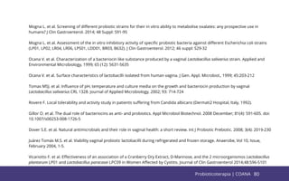 80
Mogna L. et al. Screening of diﬀerent probiotic strains for their in vitro ability to metabolise oxalates: any prospective use in
humans? J Clin Gastroenterol. 2014; 48 Suppl: S91-95
Mogna L. et al. Assessment of the in vitro inhibitory activity of speciﬁc probiotic bacteria against diﬀerent Escherichia coli strains
(LP01, LP02, LR04, LR06, LPS01, LDD01, BR03, B632). J Clin Gastroenterol. 2012; 46 suppl: S29-32
Ocana V. et al. Characterization of a bacteriocin like substance produced by a vaginal Lactobacillus salivarius strain. Applied and
Environmental Microbiology, 1999; 65 (12): 5631-5635
Ocana V. et al. Surface characteristics of lactobacilli isolated from human vagina. J Gen. Appl. Microbiol., 1999; 45:203-212
Tomas MSJ. et al. Inﬂuence of pH, temperature and culture media on the growth and bacteriocin production by vaginal
Lactobacillus salivarius CRL 1328. Journal of Applied Microbiology, 2002; 93: 714-724
Rovere F. Local tolerability and activity study in patients suﬀering from Candida albicans (Dermati2 Hospital, Italy, 1992).
Gillor O. et al. The dual role of bacteriocins as anti- and probiotics. Appl Microbiol Biotechnol. 2008 December; 81(4): 591-605. doi:
10.1007/s00253-008-1726-5
Dover S.E. et al. Natural antimicrobials and their role in vaginal health: a short review. Int J Probiotic Prebiotic. 2008; 3(4): 2019-230
Juárez Tomás M.S. et al. Viability vaginal probiotic lactobacilli during refrigerated and frozen storage. Anaerobe, Vol 10, Issue,
February 2004, 1-5.
Vicariotto F. et al. Eﬀectiveness of an association of a Cranberry Dry Extract, D-Mannose, and the 2 microorganismos Lactobacillus
plantarum LP01 and Lactobacillus paracasei LPC09 in Women Aﬀected by Cystitis. Journal of Clin Gastroenterol 2014;48:S96-S101
80
Probioticoterapia | COANA
 
