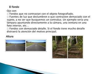El fondo Ojo con:  Fondos que no contrastan con el objeto fotografiado.  Fuentes de luz que deslumbren o que contrasten demasiado con el sujeto, a no ser que busquemos un contraluz. Un ejemplo sería una lámpara apuntando directamente a la cámara, una ventana en una foto interior, etc…  Fondos con demasiado detalle. Si el fondo tiene mucho detalle distraerá la atención del motivo principal. Altura 