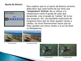 Ajuste de blancos Para explicar qué es el ajuste de blancos primero debo decir que cada fuente de luz tiene una “temperatura” distinta. No se refiere a la temperatura como el grado de calor que desprende, sino el grado de “calidez” de la luz que proyecta. Así, una bombilla tradicional de tungsteno hace que las fotos queden rojizas y cálidas, las luces fluorescentes hacen que las fotos queden con tonos verdes y la luz de flash es blanquecina. 