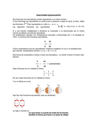 FRACCIONES EQUIVALENTES

Dos fracciones son equivalentes cuando representan a un mismo número.
Si dos fracciones son equivalentes se verifica que el producto cruzado es igual, es decir, dadas
dos fracciones       son equivalentes si y sólo si                     .
Las   siguientes   fracciones   son       equivalentes

Si a una fracción multiplicamos o dividimos su numerador y su denominador por el mismo
número se obtiene una fracción equivalente.
Por amplificación: Ejemplo: 2/3. Multiplicamos numerador y denominador por 7. El resultado es:
14/21. Ya tenemos dos fracciones equivalentes.

                                           2    14
                                           ---- ----
                                           3    21
¿Cómo comprobamos que son equivalentes?. Podemos multiplicar en cruz y el resultado tiene
que coincidir. Comprobación anterior: 2 x 21 = 42 = 3 x 14

Otra forma de comprobarlo si tienes a mano una calculadora... es viendo si tienen el mismo valor
decimal..

                                 2       14
                               ---- = ---- = 0,66666666666
                                  3       21
Estas fracciones son en realidad lo mismo:
                                              1           2        4
                                                  =            =
                                              2           4        8
Por eso, estas fracciones son en realidad la misma:

Y en un dibujo se ve así:
                                 1                    2                4
                                     /2                   /4               /8


                                            =                      =

Aquí hay más fracciones equivalentes, esta vez dividiendo:




La regla a recordar es:
                      ¡Lo que haces a la parte de arriba de la fracción
                      también lo tienes que hacer a la parte de abajo!
 