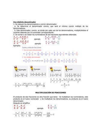 Con distinto denominador
1. Se reducen los denominadores a común denominador:
 a. Se determina el denominador común, que será el mínimo común múltiplo de los
denominadores.
 b. Este denominador, común, se divide por cada uno de los denominadores, multiplicándose el
cociente obtenido por el numerador correspondiente.
2. Se suman o se restan los numeradores de las fracciones equivalentes obtenidas.

                          ejemplo

                           ejemplo
Ejemplos




                           MULTIPLICACIÓN DE FRACCIONES

El producto de dos fracciones es otra fracción que tiene: Se multiplican los numeradores, este
producto es el nuevo numerador y Se multiplican los denominadores, su producto es el nuevo
denominador.
Después se simplifica


                              ejemplo
 