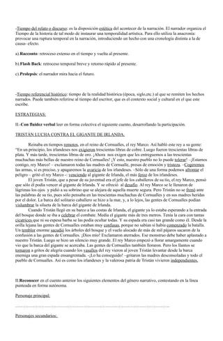 -Tiempo del relato o discurso: es la disposición estética del acontecer de la narración. El narrador organiza el
Tiempo de la historia de tal modo de instaurar una temporalidad artística. Para ello utiliza la anacronía:
provocar una ruptura temporal en la narración, introduciendo un hecho con una cronología distinta a la de
causa- efecto.
a).Racconto: retroceso extenso en el tiempo y vuelta al presente.
b).Flash Back: retroceso temporal breve y retorno rápido al presente.
c).Prolepsis: el narrador mira hacia el futuro.
-Tiempo referencial histórico: tiempo de la realidad histórica (época, siglo,etc.) al que se remiten los hechos
narrados. Puede también referirse al tiempo del escritor, que es el contexto social y cultural en el que este
escribe.
ESTRATEGIAS:
II.-Con fluidez verbal leer en forma colectiva el siguiente cuento, desarrollando la participación.
TRISTÁN LUCHA CONTRA EL GIGANTE DE IRLANDA.
Reinaba en tiempos remotos, en el reino de Cornualles, el rey Marco. Así habló este rey a su gente:
“En un principio, los irlandeses nos exigieron trescientas libras de cobre. Luego fueron trescientas libras de
plata. Y más tarde, trescientas libras de oro. ¡Ahora nos exigen que les entreguemos a las trescientas
muchachas más bellas de nuestro reino de Cornualles! ¡Y esto, nuestro pueblo no lo puede tolerar! –¡Estamos
contigo, rey Marco! – exclamaron todas las madres de Cornualle, presas de emoción y tristeza. –Cogeremos
las armas, si es preciso, y apagaremos la avaricia de los irlandeses. –Sólo de una forma podemos afrontar el
peligro – gritó el rey Marco -: venciendo al gigante de Irlanda, el más feroz de los irlandeses.
El joven Tristán, que a pesar de su juventud era el jefe de los caballeros de su tío, el rey Marco, pensó
que sólo él podía vencer al gigante de Irlanda. Y se ofreció al desafío. Al rey Marco se le llenaron de
lágrimas los ojos y pidió a su sobrino que se alejara de aquella muerte segura. Pero Tristán no se frenó ante
las palabras de su tío, pues sólo pensaba en las trescientas muchachas de Cornualles y en sus madres heridas
por el dolor. La barca del solitario caballero se hizo a la mar, y, a lo lejos, las gentes de Cornualles podían
vislumbrar la silueta de la barca del gigante de Irlanda.
Cuando Tristán llegó en su barco a las costas de Irlanda, el gigante ya lo estaba esperando a la entrada
del bosque donde se iba a celebrar el combate. Medía el gigante más de tres metros. Tenía la cara con tantas
cicatrices que ni su espesa barba se las podía ocultar todas. Y su espada era casi tan grande como él. Desde la
orilla lejana las gentes de Cornualles estaban muy confusas, porque no sabían si había comenzado la batalla.
Un temblor enorme sacudió los árboles del bosque y el vuelo alocado de más de mil pájaros sacaron de la
confusión a las gentes de Cornualles. ¡Dios mío! Exclamaron aterrados. Ese monstruo debe haber aplastado a
nuestro Tristán. Luego se hizo un silencio muy grande. El rey Marco empezó a llorar amargamente cuando
vio que la barca del gigante se acercaba. Las gentes de Cornualles también lloraron. Pero los llantos se
tornaron a gritos de alegría cuando los vasallos del rey vieron al joven Tristán levantar desde la barca
enemiga una gran espada ensangrentada. -¡Lo ha conseguido! –gritaron las madres desconsoladas y todo el
pueblo de Cornualles. Así es como los irlandeses y la valerosa patria de Tristán vivieron independientes.
II.Reconocer en el cuento anterior los siguientes elementos del género narrativo, contestando en la línea
punteada en forma autónoma.
Personaje principal:
…………………………………………………………………………………………….
Personajes secundarios:
 