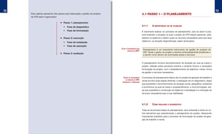 72                                                                                                                                                                                        73
     Este capítulo apresenta três passos para elaboração e gestão de projetos                               4.1 PASSO 1 – O PLANEjAMENTO
     de GTR assim organizados:

                                  ➜	 Passo 1: planejamento
                                      •	 Fase	de	diagnóstico                                                4.1.1      A IMPORTâNCIA DE SE PLANEjAR
                                      •	 Fase	de	formulação                                                 É importante realizar um processo de planejamento, pois só assim é pos-
                                                                                                            sível entender a situação na qual o projeto de GTR estará operando, esta-
                                  ➜	 Passo 2: execução                                                      belecer os objetivos e definir quais os recursos necessários para que seus
                                                                                                            objetivos, na situação diagnosticada, sejam alcançados.
                                      •	 Fase	de	instalação
                                      •	 Fase	de	operação
                                                                                o que é Planejamento PaRa
                                                                                                             Planejamento é um importante instrumento de gestão de projetos de
                                                                                        PRojetos de GRt?
                                                                                                             GRT. Ajuda o gestor do projeto a resolver antecipadamente problemas e
                                  ➜	 Passo 3: avaliação
                                                                                                             a decidir como devem ser priorizadas ações e recursos.


                                                                                                            O planejamento envolve reconhecimento da situação em que se insere o
                                                                                                            projeto, reflexão sobre prováveis eventos e cenários futuros e necessária
                                                                                                            formulação do projeto, com o estabelecimento de objetivos, metas, forma
                                                                                                            de gestão e recursos necessários.

                                                                                  etaPas do Planejamento    O processo de planejamento básico de um projeto de geração de trabalho e
                                                                                     de PRojetos de GtR:
                                                                                                            renda envolve duas etapas distintas: a realização de um diagnóstico, etapa
                                                                                 diaGnóstico e foRmulação
                                                                                                            que possibilita o reconhecimento da situação social, geográfica, ambiental
                                                                                                            e econômica na qual se insere o empreendimento; e uma formulação, eta-
                                                                                                            pa que possibilita a construção de objetivos e estratégias e a indicação de
                                                                                                            recursos necessários para a sua viabilidade.




                                                                                                            4.1.2      COMO REALIzAR O DIAGNÓSTICO

                                                                                                            Trata-se da primeira etapa do planejamento, pois antecede a todos os ou-
                                                                                                            tros elementos que caracterizarão o planejamento do projeto, oferecendo
                                                                                                            importantes subsídios para o processo de formulação do projeto de gera-
                                                                                                            ção de trabalho e renda.
 