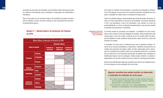 178                                                                                                                                                                                                     179
      execução do processo de avaliação, tais questões serão úteis para auxiliar                                           Com base no modelo acima proposto, o processo de avaliação é compos-
      na coleta de informações, para a medição e comparação de indicadores e                                               to por três etapas, que ocorrem em momentos distintos: avaliação de curto
      resultados.                                                                                                          prazo, avaliação de médio prazo e avaliação de longo prazo.

      Para a execução de um processo básico de avaliação de projeto de gera-                                               Cada uma dessas etapas, representadas aqui pela dimensão temporal, re-
      ção de trabalho e renda, uma boa maneira é usar a proposta de instrumen-                                             força um foco importante do processo de avaliação. É possível identificar
      to apresentada abaixo.                                                                                               o foco nos processos; o foco nos resultados, que indicam os níveis de
                                                                                                                           sustentabilidade; e o foco na aferição de desempenho, que envolve análise
                                                                                                                           simultânea de processos e resultados.

           Quadro 7 – Modelo Básico de Avaliação de Projetos                                  a avaliação de cuRto PRazo   A primeira etapa do processo de avaliação, a avaliação de curto prazo,
                                                                                                  deve ocoRReR antes do
           de GTR.                                                                                   final da instalação
                                                                                                                           deve ocorrer antes do final da instalação do projeto, aproximadamente seis
                                                                                                                           meses após o início do projeto, tratando-se de um projeto típico de gera-
                                                                                                                           ção de trabalho e renda, podendo esse período variar conforme o prazo de
                         MODELO BÁSICO DE AVALIAÇÃO DE PROJETOS DE GTR                                                     duração do projeto.

                                                           Dimensão temporal                                               A avaliação de curto prazo é realizada para que os gestores possam ve-
                Níveis de aferição                                                                                         rificar se os recursos planejados e adquiridos, mediante financiamento ou
                                            Avaliação de      Avaliação de     Avaliação de
                                            curto prazo       médio prazo      longo prazo                                 cessão dos parceiros do projeto, estão, de fato, adequados para a execu-
                                                                                                                           ção do cronograma do projeto. Essa é uma avaliação preliminar, no sentido
                           Parcerias                                                                                       que se traduz em uma importante ferramenta de gestão para validação ou
                                                                                                                           redefinição daquilo que foi planejado. Nessa etapa também é avaliado o
                           Cronograma
           Processos                                                                                                       desempenho do arranjo institucional que contém as instituições parceiras.

                           Recursos                                                                                        Abaixo são identificadas algumas questões que devem ser tratadas duran-
                                                                                                                           te a formulação de uma avaliação de curto prazo.
                           Econômica
           Níveis de
        sustentabilidade
                           Social
                                                                                                                                Algumas questões que podem auxiliar na elaboração
          (resultados)
                           Ambiental                                                                                            e realização da avaliação de curto prazo
                           Eﬁciência                                                                                               ➜ O grupo de parceiros que apóia o projeto (arranjo institucio-
                                                                                                                                     nal) é suficiente e adequado para suportar e apoiar o projeto
          Aferição de                                                                                                                durante todo o seu período de execução?
                           Eﬁcácia
         desempenho
                                                                                                                                   ➜ Os parceiros cumpriram suas responsabilidades, conforme
                           Efetividade                                                                                               definido no comitê gestor e no arranjo institucional?
 