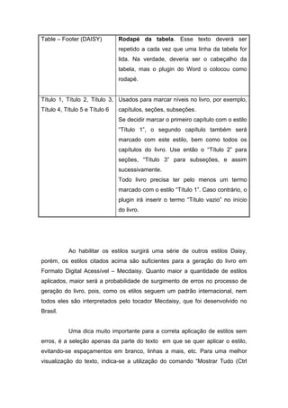Table – Footer (DAISY) 
Rodapé da tabela. Esse texto deverá ser repetido a cada vez que uma linha da tabela for lida. Na verdade, deveria ser o cabeçalho da tabela, mas o plugin do Word o colocou como rodapé. 
Título 1, Título 2, Título 3, Título 4, Título 5 e Título 6 
Usados para marcar níveis no livro, por exemplo, capítulos, seções, subseções. 
Se decidir marcar o primeiro capítulo com o estilo “Título 1”, o segundo capítulo também será marcado com este estilo, bem como todos os capítulos do livro. Use então o “Título 2” para seções, “Título 3” para subseções, e assim sucessivamente. 
Todo livro precisa ter pelo menos um termo marcado com o estilo “Título 1”. Caso contrário, o plugin irá inserir o termo “Título vazio” no início do livro. 
Ao habilitar os estilos surgirá uma série de outros estilos Daisy, porém, os estilos citados acima são suficientes para a geração do livro em Formato Digital Acessível – Mecdaisy. Quanto maior a quantidade de estilos aplicados, maior será a probabilidade de surgimento de erros no processo de geração do livro, pois, como os etilos seguem um padrão internacional, nem todos eles são interpretados pelo tocador Mecdaisy, que foi desenvolvido no Brasil. 
Uma dica muito importante para a correta aplicação de estilos sem erros, é a seleção apenas da parte do texto em que se quer aplicar o estilo, evitando-se espaçamentos em branco, linhas a mais, etc. Para uma melhor visualização do texto, indica-se a utilização do comando “Mostrar Tudo (Ctrl  
