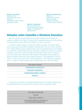 PÁG.125CAPÍTULO7
Questões Conjunturais
•Não estavam previstas
•Exigem ação direta e urgente
•Podem ser estratégicas ou
administrativas
Questões Administrativas
•Previsíveis
•Impacto de curto prazo
•Risco controlado
•Problemas de âmbito
restrito a poucos indivíduos
Questões Estratégicas
•Escolhas fortes
•Impacto de longo prazo
•Risco alto
•Problemas de âmbito coletivo,
que afetam a muitos
Relações entre Conselho e Diretoria Executiva
Não raro, esses dois grupos apresentam um padrão de relacionamento baseado em
cobrança e servidão. De um lado, o Conselho cobra a equipe executiva que, de outro, esforça-
se para apresentar serviços cada vez mais perfeitos. Por que isso acontece ?
A resposta é simples: porque os princípios de trabalho que regem uma parceria efetiva
entre as duas partes são geralmente relegados a segundo plano, sem nunca serem discutidos
com a devida deferência. Seja por falta de tempo, seja por desconhecimento de sua importân-
cia, conselheiros e diretores executivos têm se colocado à margem da essência de sua relação,
“sufocados” pelo ritmo e volume de trabalho da organização. Quase nunca se incluem na
pauta de reuniões tópicos relacionados, por exemplo, à manutenção da vida saudável dos
grupos de trabalho. Diante disso, parece oportuno perguntar: “Que expectativas um tem do
outro?”; “O que cada um acha mais ou menos importante?”; “Que valores são compartilha-
dos?”; ou “Qual é a imagem conjunta sobre o papel de cada um e o ritmo do trabalho?”
Os elementos acima devem ser profundamente discutidos entre Conselho e Diretoria, pois
são fundamentais para que ambos tenham uma clara e comum compreensão sobre:
EXPECTATIVAS COMUNS
PLANEJAMENTO COOPERATIVO
AVALIAÇÃO COOPERATIVA
COMUNICAÇÃO ABERTA E HONESTA
RESPEITO
PARA ONDE ESTAMOS INDO
POR QUÊ
COMO VAMOS CHEGAR LÁ
COMO VAMOS SABER QUE CHEGAMOS LÁ
=> QUE RESULTADOS QUEREMOS VER
 