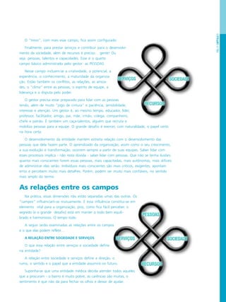 PÁG.21CAPÍTULO1
O “trevo”, com mais esse campo, fica assim configurado:
Finalmente, para prestar serviços e contribuir para o desenvolvi-
mento da sociedade, além de recursos é preciso… gente! Ou
seja: pessoas, talentos e capacidades. Esse é o quarto
campo básico administrado pelo gestor: as PESSOAS.
Nesse campo incluem-se a criatividade, o potencial, a
experiência, o conhecimento, a maturidade da organiza-
ção. Estão também os conflitos, as relações, as amiza-
des, o “clima” entre as pessoas, o espírito de equipe, a
liderança e a disputa pelo poder.
O gestor precisa estar preparado para lidar com as pessoas
tendo, além de muito “jogo de cintura” e paciência, sensibilidade,
interesse e atenção. Um gestor é, ao mesmo tempo, educador, líder,
professor, facilitador, amigo, pai, mãe, irmão, colega, companheiro,
chefe e patrão. É também um caça-talentos, alguém que recruta e
mobiliza pessoas para a equipe. O grande desafio é exercer, com naturalidade, o papel certo
na hora certa.
O desenvolvimento da entidade mantém estreita relação com o desenvolvimento das
pessoas que dela fazem parte. O aprendizado da organização, assim como o seu crescimento,
a sua evolução e transformação, ocorrem sempre a partir de suas equipes. Saber lidar com
esses processos implica - não resta dúvida - saber lidar com pessoas. Que não se tenha ilusões:
quanto mais conscientes forem essas pessoas, mais capacitadas, mais autônomas, mais difíceis
de administrar elas serão. Indivíduos mais conscientes são mais críticos, exigentes, apontam
erros e percebem muito mais detalhes. Porém, podem ser muito mais confiáveis, no sentido
mais amplo do termo.
As relações entre os campos
Na prática, essas dimensões não estão separadas umas das outras. Os
“campos” influenciam-se mutuamente. E essa influência constitui-se em
elemento vital para a organização, pois, como fica fácil perceber, o
segredo (e o grande desafio) está em manter o todo bem equili-
brado e harmonioso. O tempo todo.
A seguir serão examinadas as relações entre os campos
e o que elas podem refletir…
A RELAÇÃO ENTRE SOCIEDADE E SERVIÇOS
O que essa relação entre serviços e sociedade define
na entidade?
A relação entre sociedade e serviços define a direção, o
rumo, o sentido e o papel que a entidade assumirá no futuro.
Suponha-se que uma entidade médica decida atender todos aqueles
que a procuram - o bairro é muito pobre, as carências são muitas, o
sentimento é que não dá para fechar os olhos e deixar de ajudar.
 