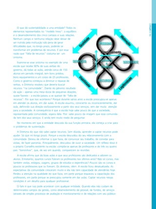 PÁG.29CAPÍTULO1
O que dá sustentabilidade a uma entidade? Todos os
elementos representados no “modelo trevo”: o equilíbrio
e o desenvolvimento dos cinco campos e suas relações.
Nenhum campo e nenhuma relação deve deixar de
ser nutrido pela instituição sob pena de gerar
dificuldades que, no longo prazo, poderão se
transformar em problemas de recursos. É por essa
razão que “falta de recursos” costuma ser um
sintoma.
Examine-se esse sintoma no exemplo de uma
escola que recebe 90% de suas verbas do
governo, dá todas as aulas, atende cerca de 150
alunos em período integral, tem bons prédios,
bons equipamentos e um corpo de 25 professores.
Como o governo começou a diminuir o repasse de
verbas, a Diretoria resolveu que deveria buscar
recursos “na comunidade”. Diante do péssimo resultado
da ação - apenas uma meia dúzia de pequenas doações,
quase favores - a escola passou a se queixar de “falta de
recursos”. Por que isso aconteceu? Porque durante vários anos a escola preocupou-se apenas
em atender os alunos, em dar aulas. A escola assumiu, consciente ou inconscientemente, dar
aula, definindo sua direção exclusivamente a partir dos seus serviços, sem dar muita atenção
para a sociedade. A consequência é que a escola hoje sabe pouco do que a sociedade,
representada pela comunidade, espera dela. Pior: sabe pouco da imagem que essa comunida-
de tem dos seus serviços. E ainda tem muito medo de perguntar.
No momento em que a entidade descuida da sua função primária, ela começa a criar para
si problemas de sustentação.
A Diretoria diz que não sabe captar recursos. Sem dúvida, aprender a captar recursos pode
ajudar. Só que no longo prazo. Porque a escola descuidou do seu relacionamento com a
comunidade. Deixou de informar o que fazia, de comunicar seu trabalho, de convidar para
visitas, de fazer parcerias. Principalmente, descuidou de ouvir a sociedade. Um reflexo disso é
o próprio Conselho existente na escola: compõe-se apenas de professores e de três ou quatro
pais “bonzinhos”, que, de vez em quando, comparecem às reuniões.
A escola afirma que dá boas aulas e que seus professores são dedicados e adoram os
alunos. Entretanto, quantos cursos fizeram os professores nos últimos anos? Não só cursos, mas
também visitas, estágios, viagens, grupos de estudos e experiências? Poucos são os cursos e
poucos os professores que os fizeram. Os diretores, idem. A escola ficou desatualizada. As
expectativas da comunidade cresceram muito e ela não tem capacidade de atendê-las hoje.
Perdeu a atenção na qualidade do que fazia, em parte porque esqueceu a capacitação dos
professores, em parte porque se preocupou somente em dar aulas. Captar recursos nessas
condições é um desafio para qualquer profissional.
O fato é que isso pode acontecer com qualquer entidade. Quando elas não cuidam de
determinados campos da gestão, como desenvolvimento de pessoal, de fundos, de serviços
(através de simples processos de avaliação e monitoramento) e de relações com seu público-
 