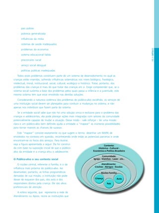 PÁG.41CAPÍTULO2
Contexto:
Histórico - Cultural -
Econômico e Político Brasileiro
Comunidade:
Igreja - Vizinhos - Lazer - etc..
Núcleo Família:
Criança
Atendimento:
Creches - Abrigos - Escolas
· pais pobres
· pobreza generalizada
· influências da mídia
· sistemas de saúde inadequados
· problemas da economia
· sistema educacional falido
· preconceito racial
· serviço social desigual
· políticas públicas inadequadas
Todos esses problemas constituem parte de um sistema de desenvolvimento no qual as
crianças estão inseridas, sofrendo influências sistemáticas nos níveis biológico, fisiológico,
intelectual, moral, institucional, social, cultural, ecológico e histórico. Tratar, portanto, dos
problemas das crianças é mais do que tratar das crianças em si. Exige compreender que, se o
sistema social sustenta a base dos problemas pelos quais passa a infância e a juventude, este
mesmo sistema tem que estar envolvido nas devidas soluções.
Considerando a natureza sistêmica dos problemas do público-alvo escolhido, os serviços de
uma instituição social devem ser planejados para conduzir a mudanças no sistema, e não
apenas nos indivíduos que fazem parte do sistema.
Se a entidade social sabe que não há uma solução única e exclusiva para o problema das
crianças e adolescentes, ela pode planejar ações mais integradas com setores da comunidade
potencialmente capazes de mudar a situação. Desse modo - vale reforçar - ter uma missão
clara e um público-alvo bem definido ajuda a entidade a “mapear” as inúmeras possibilidades
para tornar maiores as chances de sucesso.
Este “mapear” consiste exatamente no que sugere o termo: desenhar um MAPA de
envolvidos no contexto em questão, reconhecendo onde estão as potenciais parcerias e onde
encontram-se os focos dos serviços. Para ilustrar,
veja a figura apresentada a seguir. Ela foi construí-
da com base na suposição inicial de que o público-
alvo da entidade é a criança e/ou o adolescente.
O Público-alvo e seu contexto social
O núcleo central, referente à Família, é o de
influência mais próxima do público-alvo. Ao
desenvolver, portanto, as linhas programáticas
derivadas de sua missão, a instituição não pode
deixar de esquecer dos pais, dos avós e dos
responsáveis diretos pela criança. Ele são alvos
preferenciais de atenção.
A esfera seguinte, que representa a rede de
Atendimento ou Apoio, reúne as instituições que
Pais
Avós
 