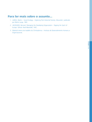 PÁG.61CAPÍTULO3
Para ler mais sobre o assunto...
1. LARGE, Martin – Social Ecology – Exploring Post Industrial Society. Gloucester: publicado
por Martin Large, 1981.
2. LIEVEGOED, Bernard. Managing the Developing Organization – Tapping the Spirit of
Europe. Oxford: Basil Blackwell, 1991.
3. Material interno de trabalho do Christophorus – Instituto de Desenvolvimento Humano e
Organizacional.
 