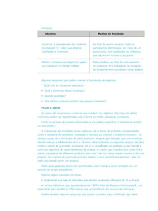 Exemplos:
Algumas perguntas que podem orientar a formulação de objetivos:
ˇ Quais são as mudanças esperadas?
• Qual a dimensão dessas mudanças?
• Quando ocorrerão?
• Que efeitos espera-se produzir nas pessoas envolvidas?
PASSO 3: METAS
As metas são expectativas numéricas que resultam dos objetivos. Dois tipos de dados
numéricos podem ser representados sob a forma de metas: população e produtos.
Como os serviços são sempre direcionados a um público específico, é importante quantifi-
car este público.
A intervenção das entidades sociais realiza-se sob a forma de produtos, compreendidos
como o resultante da somatória “atividades + recursos ou insumos + empenho humano”. Os
serviços sociais são constituídos de vários produtos. Imagine, por exemplo, que uma entidade
atenda crianças e adolescentes de 0 a 14 anos, oferecendo-lhes os seguintes serviços: berçário,
creche e centro de juventude. O berçário, em si, é considerado um produto, já que atende a
uma fase específica do desenvolvimento da criança. A creche, que trabalha com várias faixas
etárias, compõe-se de diferentes produtos, pois cada fase da criança requer insumos e técnicas
próprios. Se o centro de juventude promove diversos cursos pré-profissionalizantes, cada um
deles será tratado como um produto.
Todos esses produtos devem ser quantificados, como metas a serem atingidas em um
período de tempo estabelecido.
Observe alguns exemplos de metas:
• Implementar duas salas de informática para atender anualmente 240 jovens de 16 a 20 anos.
• Instalar biblioteca com aproximadamente 1.000 títulos de literatura infanto-juvenil, com
capacidade para atender as 250 crianças que se beneficiam dos serviços da instituição.
Analise também algumas perguntas que podem contribuir para a definição das metas:
Objetivo Medida de Resultado
Aumentar a compreensão das mulheres Ao final de quatro semanas, todas as
do povoado “x” sobre suas próprias participantes identificarão, por meio de um
habilidades e interesses. questionário, três habilidades ou interesses
que adquiriram durante o programa.
Reduzir o estresse psicológico em pajens Serão medidos, ao final de cada semestre
que trabalham em tempo integral. de programa, XYZ indicadores de mudança
de comportamento psicológico nessas págens.
 