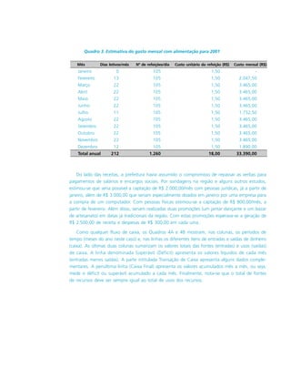Do lado das receitas, a prefeitura havia assumido o compromisso de repassar as verbas para
pagamentos de salários e encargos sociais. Por sondagens na região e alguns outros estudos,
estimou-se que seria possível a captação de R$ 2.000,00/mês com pessoas jurídicas, já a partir de
janeiro, além de R$ 3.000,00 que seriam especialmente doados em janeiro por uma empresa para
a compra de um computador. Com pessoas físicas estimou-se a captação de R$ 800,00/mês, a
partir de fevereiro. Além disso, seriam realizadas duas promoções (um jantar dançante e um bazar
de artesanato) em datas já tradicionais da região. Com estas promoções esperava-se a geração de
R$ 2.500,00 de receita e despesas de R$ 300,00 em cada uma.
Como qualquer fluxo de caixa, os Quadros 4A e 4B mostram, nas colunas, os períodos de
tempo (meses do ano neste caso) e, nas linhas os diferentes ítens de entradas e saídas de dinheiro
(caixa). As últimas duas colunas sumarizam os valores totais das fontes (entradas) e usos (saídas)
de caixa. A linha denominada Superávit (Déficit) apresenta os valores líquidos de cada mês
(entradas menos saídas). A parte intitulada Transação de Caixa apresenta alguns dados comple-
mentares. A penúltima linha (Caixa Final) apresenta os valores acumulados mês a mês, ou seja,
mede o déficit ou superávit acumulado a cada mês. Finalmente, nota-se que o total de fontes
de recursos deve ser sempre igual ao total de usos dos recursos.
Quadro 3. Estimativa do gasto mensal com alimentação para 2001
Mês Dias letivos/mês Nº de refeições/dia Custo unitário da refeição (R$) Custo mensal (R$)
Janeiro 0 105 1,50 -
Fevereiro 13 105 1,50 2.047,50
Março 22 105 1,50 3.465,00
Abril 22 105 1,50 3.465,00
Maio 22 105 1,50 3.465,00
Junho 22 105 1,50 3.465,00
Julho 11 105 1,50 1.732,50
Agosto 22 105 1,50 3.465,00
Setembro 22 105 1,50 3.465,00
Outubro 22 105 1,50 3.465,00
Novembro 22 105 1,50 3.465,00
Dezembro 12 105 1,50 1.890,00
Total anual 212 1.260 18,00 33.390,00
 