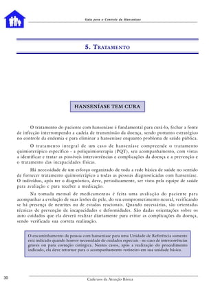 Guia para o Controle da Hanseníase




                                          5. T RATAMENTO




                                    HANSENÍASE TEM CURA



            O tratamento do paciente com hanseníase é fundamental para curá-lo, fechar a fonte
     de infecção interrompendo a cadeia de transmissão da doença, sendo portanto estratégico
     no controle da endemia e para eliminar a hanseníase enquanto problema de saúde pública.
            O tratamento integral de um caso de hanseníase compreende o tratamento
     quimioterápico específico - a poliquimioterapia (PQT), seu acompanhamento, com vistas
     a identificar e tratar as possíveis intercorrências e complicações da doença e a prevenção e
     o tratamento das incapacidades físicas.
           Há necessidade de um esforço organizado de toda a rede básica de saúde no sentido
     de fornecer tratamento quimioterápico a todas as pessoas diagnosticadas com hanseníase.
     O indivíduo, após ter o diagnóstico, deve, periodicamente, ser visto pela equipe de saúde
     para avaliação e para receber a medicação.
            Na tomada mensal de medicamentos é feita uma avaliação do paciente para
     acompanhar a evolução de suas lesões de pele, do seu comprometimento neural, verificando
     se há presença de neurites ou de estados reacionais. Quando necessárias, são orientadas
     técnicas de prevenção de incapacidades e deformidades. São dadas orientações sobre os
     auto cuidados que ela deverá realizar diariamente para evitar as complicações da doença,
     sendo verificada sua correta realização.


          O encaminhamento da pessoa com hanseníase para uma Unidade de Referência somente
          está indicado quando houver necessidade de cuidados especiais - no caso de intercorrências
          graves ou para correção cirúrgica. Nestes casos, após a realização do procedimento
          indicado, ela deve retornar para o acompanhamento rotineiro em sua unidade básica.




30                                         Cadernos da Atenção Básica
 