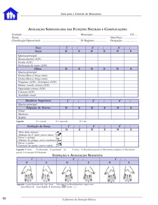 Guia para o Controle da Hanseníase




                        AVALIAÇÃO SIMPLIFICADA                     DAS             FUNÇÕES NEURAIS                                   E   COMPLICAÇÕES
     Unidade:                                                                                       Município:                                                           UF:
     Nome:                                                                                                                                   Data Nasc.:
     Classificação Operacional:                                                                     No Registro:                             Ocupação:

                                                                   a                                                 a                                       a
                                 Face                          1               /           /                     2           /       /                3          /   /
                                 Nariz                         D                               E                 D                    E              D                E
           Queixa principal
           Ressecamento (S/N)
           Ferida (S/N)
           Perfuração de septo (S/N)
                         Olhos                                 D                               E                 D                       E           D                   E
           Queixa principal
           Fecha olhos s/ força (mm)
           Fecha olhos c/ força (mm)
           Triquíase (S/N) / Ectrópico (S/N)
           Dimin. sensib. córnea (S/N)
           Opacidade córnea (S/N)
           Catarata (S/N)
           Acuidade visual
                                                                       a                                                 a                                   a
                  Membros Superiores                               1               /           /                 2               /       /               3       /       /
           Queixa principal
                  Palpação de Nervos                           D                               E                 D                       E               D               E
           Ulnar
           Mediano
           Radial
         Legenda:                N = normal          E = espessado                                 D = dor
                                                                           a                                             a                                   a
                    Avaliação da Força                              1                  /       /                  2              /       /            3          /       /
                                                                D                              E                 D                       E           D                   E
           Abrir dedo mínimo
                         o
           Abdução do 5 dedo (nervo ulnar)
           Elevar o polegar
           Abdução do polegar (nervo mediano)
           Elevar o punho
           Extensão do punho (nervo radial)
         Legenda: F=forte;      D=diminuída; P=paralisado     ou               5=forte; 4=Resistência parcial; 3=Movimento completo; 2=Movimento
         parcial; 1=Contração; 0=Paralisado.
                                                 INSPEÇÃO           E          AVALIAÇÃO SENSITIVA
                             a                                                         a                                                             a
                         1        /   /                                         2          /          /                                          3           /   /
                    D                     E                        D                                         E                               D                       E




         Legenda: Caneta/filamento lilás (2g): Sente Não sente X ou Monofilamentos: seguir cores
             Garra Móvel: M Garra Rígida: R Reabsorção:          Ferida:




50                                                          Cadernos da Atenção Básica
 