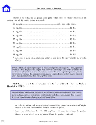 Guia para o Controle da Hanseníase




           Exemplo da utilização de prednisona para tratamento de estados reacionais em
     doente com 60 kg e com estado reacional:

           60 mg/dia .........................................................até a regressão clínica

           50 mg/dia ...............................................................................15 dias

           40 mg/dia ...............................................................................15 dias

           30 mg/dia ...............................................................................15 dias

           25 mg/dia ..............................................................................15 dias

           20 mg/dia ...............................................................................15 dias

           15 mg/dia ...............................................................................15 dias

           10 mg/dia ..............................................................................15 dias

           05 mg/dia ..............................................................................15 dias
           • Retornar à dose imediatamente anterior em caso de agravamento do quadro
             clínico.


          Devem ser tomadas algumas precauções na utilização da prednisona: Registrar o peso, a pressão
          arterial e a taxa de glicose no sangue para controle e observação dos efeitos colaterais do
          medicamento; fazer o tratamento antiparasitário com medicamento específico para Strongiloydes
          stercoralis prevenindo a disseminação sistêmica desse parasita. Exemplo: Tiabendazol na dose
          de 50 mg/kg/dia durante 2 dias, ou 1,5 g/dose única.



          Medidas recomendadas para tratamento da reação Tipo 2 - Eritema Nodoso
     Hansênico (ENH)


          Até o momento, está proibida a utilização da talidomida em mulheres em idade fértil, devido
          a seus conhecidos efeitos teratogênicos (má formação fetal). Essa recomendação deve obedecer
          às normas específicas expedidas pelo Ministério da Saúde.



           • Se o doente estiver sob tratamento quimioterápico, mantenha-o sem modificação,
             exceto se estiver apresentando efeitos colaterais graves.
           • Prescrever talidomida: de 100 a 400 mg/dia, conforme a intensidade do quadro.
           • Manter a dose inicial até a regressão clínica do quadro reacional.


56                                               Cadernos da Atenção Básica
 