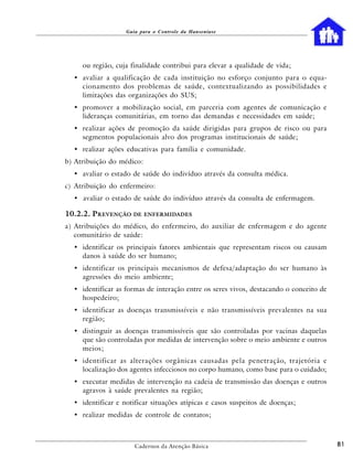 Guia para o Controle da Hanseníase




     ou região, cuja finalidade contribui para elevar a qualidade de vida;
  • avaliar a qualificação de cada instituição no esforço conjunto para o equa-
    cionamento dos problemas de saúde, contextualizando as possibilidades e
    limitações das organizações do SUS;
  • promover a mobilização social, em parceria com agentes de comunicação e
    lideranças comunitárias, em torno das demandas e necessidades em saúde;
  • realizar ações de promoção da saúde dirigidas para grupos de risco ou para
    segmentos populacionais alvo dos programas institucionais de saúde;
  • realizar ações educativas para família e comunidade.
b) Atribuição do médico:
  • avaliar o estado de saúde do indivíduo através da consulta médica.
c) Atribuição do enfermeiro:
  • avaliar o estado de saúde do indivíduo através da consulta de enfermagem.

10.2.2. PREVENÇÃO DE ENFERMIDADES
a) Atribuições do médico, do enfermeiro, do auxiliar de enfermagem e do agente
   comunitário de saúde:
  • identificar os principais fatores ambientais que representam riscos ou causam
    danos à saúde do ser humano;
  • identificar os principais mecanismos de defesa/adaptação do ser humano às
    agressões do meio ambiente;
  • identificar as formas de interação entre os seres vivos, destacando o conceito de
    hospedeiro;
  • identificar as doenças transmissíveis e não transmissíveis prevalentes na sua
    região;
  • distinguir as doenças transmissíveis que são controladas por vacinas daquelas
    que são controladas por medidas de intervenção sobre o meio ambiente e outros
    meios;
  • identificar as alterações orgânicas causadas pela penetração, trajetória e
    localização dos agentes infecciosos no corpo humano, como base para o cuidado;
  • executar medidas de intervenção na cadeia de transmissão das doenças e outros
    agravos à saúde prevalentes na região;
  • identificar e notificar situações atípicas e casos suspeitos de doenças;
  • realizar medidas de controle de contatos;



                      Cadernos da Atenção Básica                                        81
 