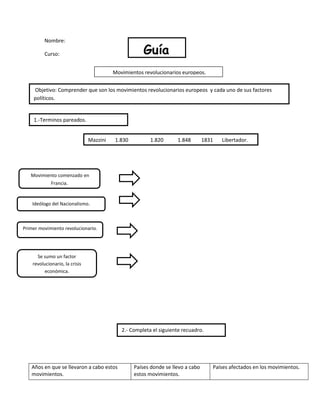 Nombre:

          Curso:                                      Guía

                                                  movimie
                                          Movimientos revolucionarios europeos.



                                                  nto
    Objetivo: Comprender que son los movimientos revolucionarios europeos y cada uno de sus factores
    políticos.


    1.-Terminos pareados.


                                Mazzini   1.830          1.820      1.848        1831   Libertador.




   Movimiento comenzado en
             Francia.


    Ideólogo del Nacionalismo.



Primer movimiento revolucionario.




      Se sumo un factor
    revolucionario, la crisis
          económica.




                                             2.- Completa el siguiente recuadro.




   Años en que se llevaron a cabo estos           Países donde se llevo a cabo      Países afectados en los movimientos.
   movimientos.                                   estos movimientos.
 