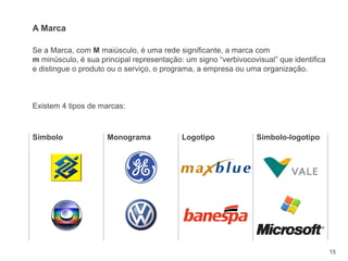 15
Se a Marca, com M maiúsculo, é uma rede significante, a marca com
m minúsculo, é sua principal representação: um signo “verbivocovisual” que identifica
e distingue o produto ou o serviço, o programa, a empresa ou uma organização.
Existem 4 tipos de marcas:
A Marca
Símbolo Monograma Logotipo Símbolo-logotipo
 