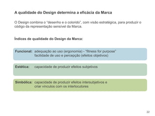Estética: capacidade de produzir efeitos subjetivos
Simbólica: capacidade de produzir efeitos intersubjetivos e
criar vínculos com os interlocutores
22
O Design combina o “desenho e o colorido”, com visão estratégica, para produzir o
código da representação sensível da Marca.
Índices de qualidade do Design da Marca:
A qualidade do Design determina a eficácia da Marca
Funcional: adequação ao uso (ergonomia) - “fitness for purpose”
facilidade de uso e percepção (efeitos objetivos)
 