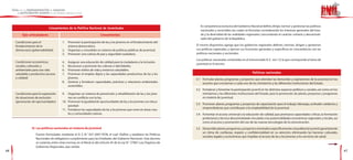 Es competencia exclusiva del Gobierno Nacional definir, dirigir, normar y gestionar las políticas
                               Lineamientos de la Política Nacional de Juventudes
                                                                                                                                nacionales y sectoriales, las cuales se formulan considerando los intereses generales del Esta-
          Ejes articuladores                                            Lineamientos                                            do y la diversidad de las realidades regionales, concordando el carácter unitario y descentrali-
                                                                                                                                zado del gobierno de la República.
     Condiciones para el                 1.   Promover la participación de las y los jóvenes en el fortalecimiento del
     fortalecimiento de la                    sistema democrático.                                                           El mismo dispositivo agrega que los gobiernos regionales definen, norman, dirigen y gestionan
     democracia (gobernabilidad)         2.   Organizar y consolidar un sistema de políticas públicas de juventud.           sus políticas regionales, y ejercen sus funciones generales y específicas en concordancia con las
                                         3.   Promover una cultura de paz y seguridad ciudadana.                             políticas nacionales y sectoriales.

                                                                                                                             Las políticas nacionales contenidas en el mencionado D. S. son 12; la que corresponde al tema de
     Condiciones económicas,             4.   Asegurar una educación de calidad para la ciudadanía y la inclusión.
                                                                                                                             juventud es la tercera.
     sociales, culturales y              5.   Reconocer y promover las culturas e identidades.
     ambientales para una vida           6.   Promover estilos de vida y entornos saludables.
     saludable y productiva (acceso      7.   Promover el empleo digno y las capacidades productivas de las y los                                                         Políticas nacionales
     y calidad)                               jóvenes.                                                                       3.1 Formular planes, programas y proyectos que atiendan las demandas y aspiraciones de la juventud en los
                                         8.   Generar y fortalecer capacidades, prácticas y relaciones ambientales               asuntos que conciernan a cada uno de los ministerios y las diferentes instituciones del Estado.
                                              sostenibles.
                                                                                                                             3.2 Fortalecer y fomentar la participación juvenil en los distintos espacios políticos y sociales, así como en los
     Condiciones para la superación      9.  Organizar un sistema de prevención y rehabilitación de las y los jóve-              ministerios y las diferentes instituciones del Estado, para la promoción de planes, proyectos y programas
     de situaciones de exclusión             nes en conflicto con la ley.                                                        en materia de juventud.
     (generación de oportunidades)       10. Promover la igualdad de oportunidades de las y los jóvenes con disca-
                                                                                                                             3.3 Promover planes, programas y proyectos de capacitación para el trabajo, liderazgo, actitudes solidarias y
                                             pacidad.
                                                                                                                                 emprendedoras que contribuyan a la empleabilidad de la juventud.
                                         11. Fortalecer las capacidades de las y los jóvenes que viven en áreas rura-
                                             les y comunidades nativas.                                                      3.4. Fomentar el acceso universal a la educación de calidad, que promueva capacidades críticas, la formación
                                                                                                                                  profesional y técnica descentralizada vinculada a las potencialidades económicas regionales y locales, así
                                                                                                                                  como al acceso y promoción del uso de las nuevas tecnologías de la comunicación.
                 b) Las políticas nacionales en materia de juventud                                                          3.5 Desarrollar planes, programas y proyectos orientados específicamente a la población juvenil, garantizando
                                                                                                                                 un clima de confianza, respeto y confidencialidad en su atención, eliminando las barreras culturales,
                    Fueron formuladas mediante el D. S. N.° 027-2007-PCM, el cual «Define y establece las Políticas
                                                                                                                                 sociales, legales y económicas que impidan el acceso de las y los jóvenes a los servicios de salud.
                    Nacionales de obligatorio cumplimiento para las Entidades del Gobierno Nacional». Este decreto
                    se sustenta, entre otras normas, en el literal a) del artículo 45 de la Ley N.° 27867, Ley Orgánica de
                    Gobiernos Regionales, que señala:
46                                                                                                                                                                                                                                                47
 