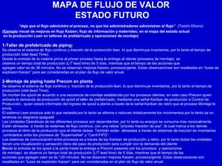 MAPA DE FLUJO DE VALOR
ESTADO FUTURO
“deja que el flujo administre el proceso, no que los administradores administren el flujo” (Taiichi Ohono)
(Ejemplo visual de mejoras en flujo Kaizen; flujo de información y materiales; en el mapa del estado actual
en la producción Lean en talleres de prefabricado y operaciones de montaje)
1-Taller de prefabricado de piping:
Se observa el sistema de flujo continuo y tracción de la producción lean lo que disminuye inventarios, por lo tanto el tiempo de
producción total (lead Time).
Desde la entrada de la materia prima al primer proceso hasta la entrega al cliente (procesos de montaje) se
observa un tiempo total de producción (L/T lead time) de 5 días, mientras que el tiempo de las acciones que
agregan valor es de 36 minutos. No se observan mejoras Kaizen; procesos/gente. Estas observaciones son resaltadas en “luces de
explosion Kaizen” para ser consideradas en el plan de flujo de valor anual.
2-Montaje de piping hasta Precom en planta.
Se observa el sistema de flujo continuo y tracción de la producción lean, lo que disminuye inventarios, por lo tanto el tiempo de
producción total (lead Time).
Se montan los spool de acuerdo a una secuencia de montaje establecida por los procesos clientes, en este caso Precom quien
activara la demanda de producción de spool al taller de prefabricado, mediante una señal Kanban de producción a Control de
Producción, quien estará informado del ingreso de spool a planta a través de la señal Kanban de retiro que el proceso Montaje le
envía.
El sistema Lean produce solo lo que necesita por lo tanto se elimina o reducen drásticamente los movimientos por lo tanto ya no
tenemos un diagrama spaguetti
Las Unidades Operativas de los diferentes procesos son dependientes, por lo tanto su energía se consume mas racionalmente.
Están alineadas a través de sistemas de flujo continuo, con una célula “proceso hacedor de paz”, la cual marca a los demás
procesos el ritmo de la producción que el cliente desea. También están alineadas a través de sistemas de tracción de inventarios
controlados entre los procesos de “Supermarket” y “Carril FIFO”.
Los sistemas de comunicación entre procesos es a través de las Kanban de producción y retiro, por lo tanto todas las unidades
tienen una visualización y sensación clara del paso de producción para cumplir con la demanda del cliente
Desde la entrada de los spool a la yarda hasta la entrega a Precom pasando por los procesos y operaciones
de montaje) se observa un tiempo total de producción (L/T lead time) de 5 días, mientras que el tiempo de las
acciones que agregan valor es de 120 minutos. No se observan mejoras Kaizen; procesos/gente. Estas observaciones son
resaltadas en “luces de explosión Kaizen” para ser consideradas en el plan de flujo de valor anual.
 