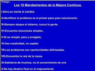 Prólogo:
Los 10 Mandamientos de la Mejora Continua.
I-Abra su mente al cambio.
II-Identificar el problema es el primer paso para solucionarlo.
III-Siempre ataque el sistema, nunca la gente.
IV-Encuentre soluciones simples.
V-Si se rompió, pare y arréglelo.
VI-Use creatividad, no capital.
VII-Los problemas son oportunidades disfrazadas.
VIII-Encuentre la raíz de la causa
IX-Sabiduría de muchos, no el conocimiento de uno
X-No hay destino final en el mejoramiento
 